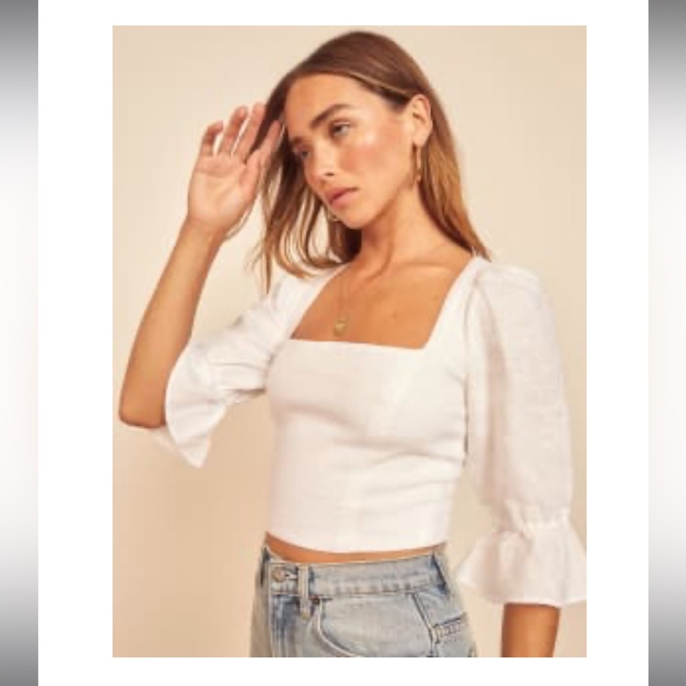Reformation White Linen Square Neck Puff Sleeve Crop Top, 10